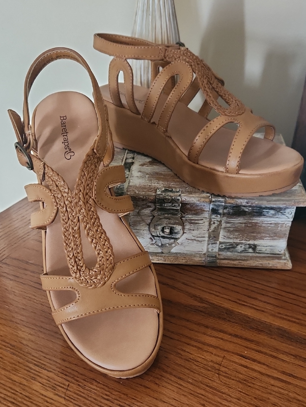BareTraps Tan Braided T-Strap Wedge Sandals